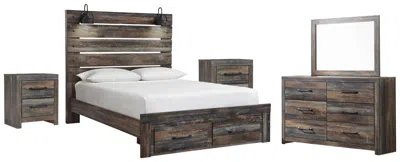 Ashley Drystan Queen Panel Bed With 2 Storage Drawers Mirrored Dresser And Nightstands In Multi