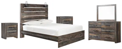 Ashley Drystan Queen Panel Bed With Mirrored Dresser And 2 Nightstands In Multi