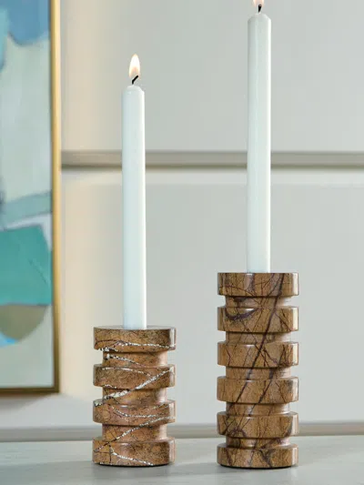 Ashley Emsleyfield Candle Holder Set (set Of 2) In Tan
