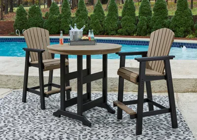 Ashley Fairen Trail Outdoor Bar Table And 2 Barstools In Black/driftwood