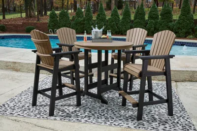 Ashley Fairen Trail Outdoor Bar Table And 4 Barstools In Black/driftwood