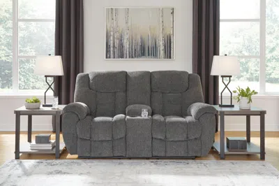 Ashley Foreside Next-gen Nuvella™ Performance Fabric Manual Loveseat With Console In Charcoal