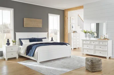 Ashley Fortman California King Panel Bed With Mirrored Dresser In White