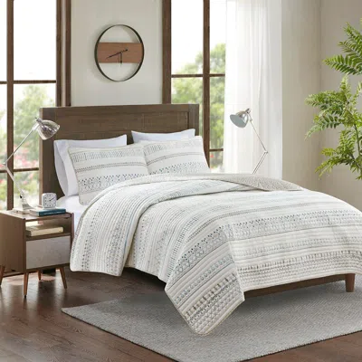 Ashley Fraser King/california King 3 Piece Printed Microfiber Seersucker Quilt Set In Taupe Multi