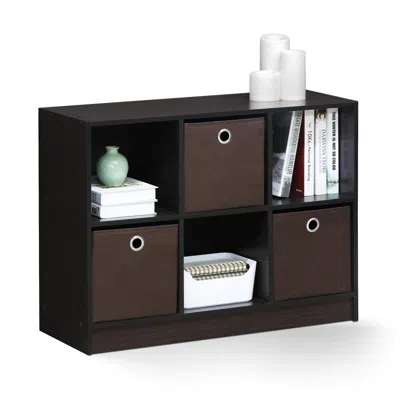 Ashley Furinno Basic Bookcase Storage With Bins In Dark Walnut