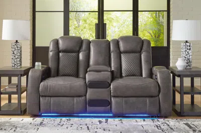 Ashley Fyne-dyme Dual Power Reclining Loveseat With Audio Console In Shadow