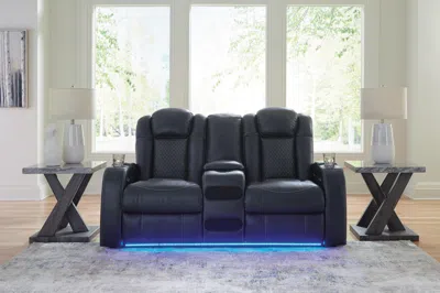 Ashley Fyne-dyme Dual Power Reclining Loveseat With Console In Sapphire