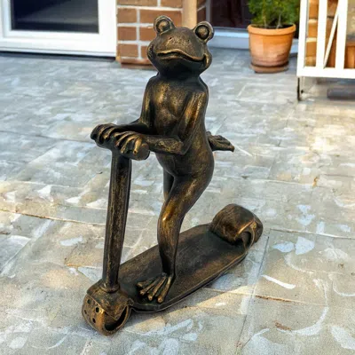 Ashley Galt International Outdoor Garden Scooter Frog Statue In Copper