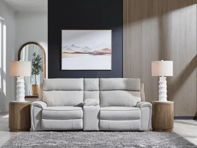 Ashley Grafton Pike 3-piece Dual Power Reclining Modular Loveseat With Console In Pearl/ash