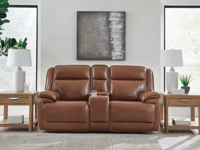 Ashley Healy Pier Dual Power Leather Reclining Loveseat With Console Leather In Chocolate