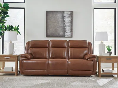 Ashley Healy Pier Dual Power Leather Reclining Sofa Leather In Chocolate
