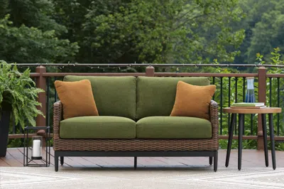 Ashley Horizon Hall Outdoor Loveseat With Cushion In Brown/green