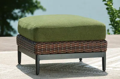 Ashley Horizon Hall Outdoor Ottoman With Cushion In Brown/green