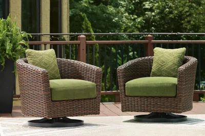 Ashley Horizon Hall Outdoor Swivel Lounge Chair With Cushion In Brown/green
