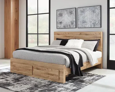 Ashley Hyanna King Panel Bed With 2 Storage Drawers In Tan Brown