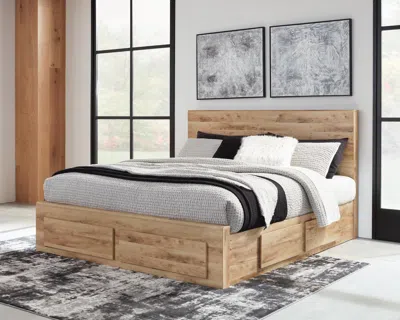 Ashley Hyanna King Panel Bed With 4 Storage Drawers In Tan Brown