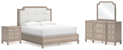 Ashley Jorlaina King Upholstered Panel Bed With Mirrored Dresser And Nightstand In Light Grayish Brown