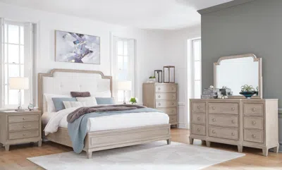 Ashley Jorlaina King Upholstered Panel Bed With Mirrored Dresser In Light Grayish Brown