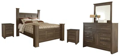 Ashley Juararo Queen Poster Bed With Mirrored Dresser And 2 Nightstands In Dark Brown