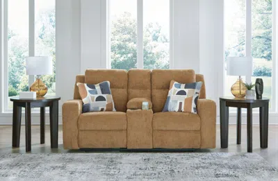 Ashley Kanlow Manual Reclining Loveseat With Console In Honey