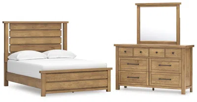 Ashley Kristiland Queen Panel Bed With Mirrored Dresser In Light Brown