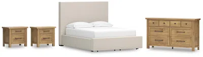 Ashley Kristiland Queen Upholstered Storage Bed With Dresser And 2 Nightstands In Light Brown