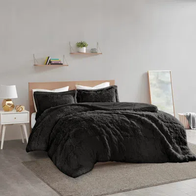 Ashley Leena Shaggy Long Fur Comforter Mini Set In Black