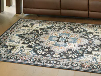 Ashley Leningston 5' X 7' Washable Rug In Black/cream/blue