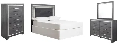 Ashley Lodanna Full Upholstered Panel Headboard Bed With Mirrored Dresser And Chest In Gray