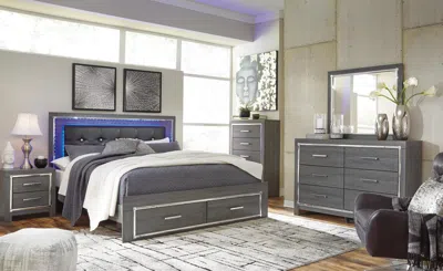 Ashley Lodanna King Panel Bed With 2 Storage Drawers Mirrored Dresser And Chest In Gray