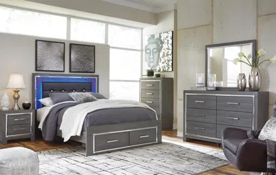 Ashley Lodanna Queen Panel Bed With 2 Storage Drawers Mirrored Dresser And Chest In Gray