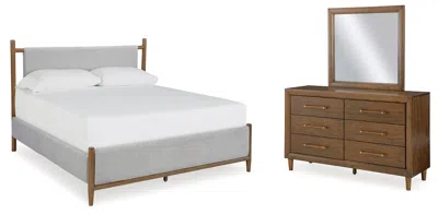 Ashley Lyncott Queen Upholstered Bed With Mirrored Dresser In Brown