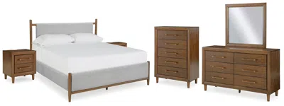 Ashley Lyncott Queen Upholstered Bed With Mirrored Dresser In Brown