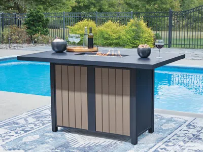 Ashley Mabry Shores Outdoor Bar Table With Fire Pit In Navy Blue/driftwood