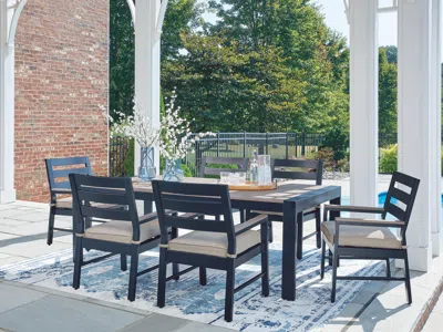 Ashley Mabry Shores Outdoor Dining Table And 6 Chairs In Navy Blue/driftwood