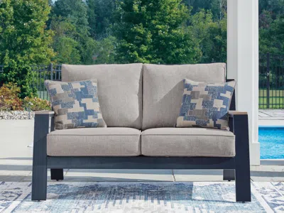 Ashley Mabry Shores Outdoor Loveseat With Cushion In Navy Blue/driftwood