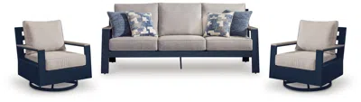 Ashley Mabry Shores Outdoor Sofa With 2 Swivel Glider Chairs In Navy Blue/driftwood