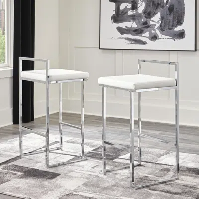 Ashley Madanere Bar Height Stool With Upholstered Seat Leather In White/chrome Finish