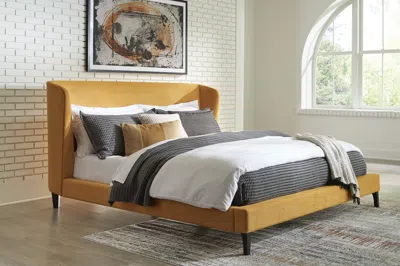 Ashley Maloken King Wingback Upholstered Platform Bed In Mustard
