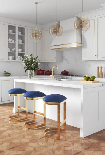 Ashley Manhattan Comfort Aura Bar Height Stool In Blue/polished Brass