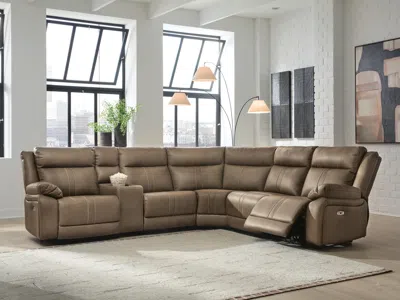 Ashley Max-media 6-piece Dual Power Reclining Modular Sectional With Audio Console And 2 Seats In Biscotti