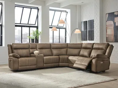 Ashley Max-media 6-piece Dual Power Reclining Modular Sectional With Audio Console And 3 Seats In Biscotti