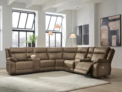 Ashley Max-media 7-piece Dual Power Reclining Modular Sectional With Audio Consoles And 2 Seats In Biscotti