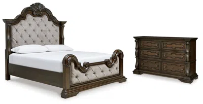 Ashley Maylee California King Upholstered Bed With Dresser In Dark Brown