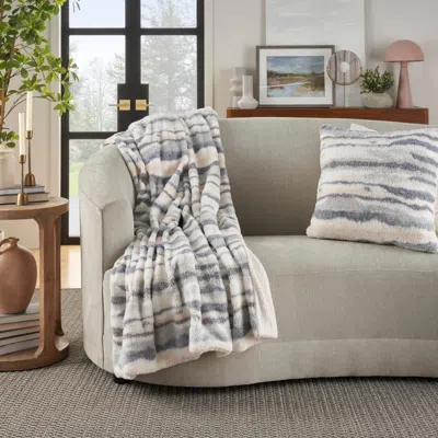 Ashley Mina Victory Faux Fur Jaquard Throw Blanket In Blue