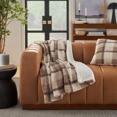 Ashley Mina Victory Faux Fur Plaid Sherpa Blanket In Brown