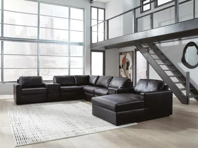 Ashley Modmax Ii 8-piece Leather Modular Sectional With Chaise And Audio Consoles In Black