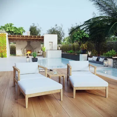 Ashley Modway Bayport Outdoor Armchairs With Ottoman And Side Table In Natural/white