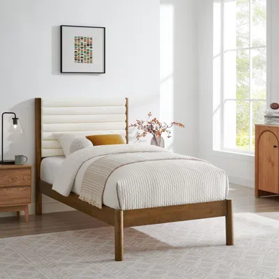 Ashley Modway Olea Twin Boucle Channel Tufted Platform Bed In Feather Walnut