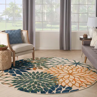 Ashley Nourison Home Splash Indoor/outdoor 5'3" Round Dahlia Floral Area Rug In Blue Green